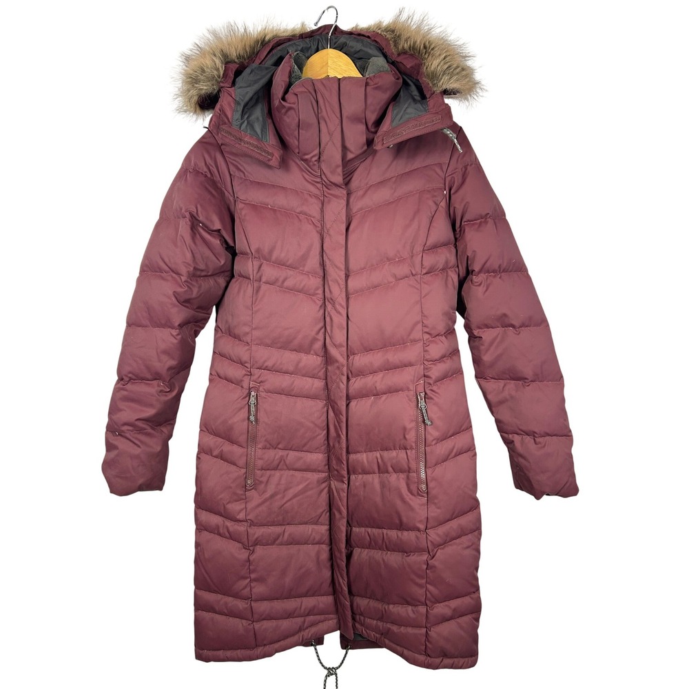 Columbia Down Long Puffer Parka Burgundy Faux Fur Hood Winter Coat Small